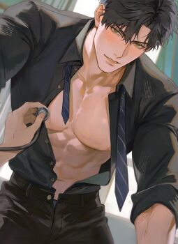 1boy 1o8k abs black_hair black_pants black_shirt buttons collared_shirt commentary cowboy_shot curtained_hair english_commentary green_eyes highres holding holding_stethoscope looking_at_viewer love_and_deepspace male_focus necktie nipples pants parted_lips pectorals shirt short_hair smile stethoscope unbuttoned unbuttoned_shirt zayne_(love_and_deepspace)
