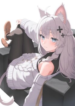 1girl absurdres animal_ears bare_shoulders black_pantyhose blue_eyes braid cat_ears couch highres on_couch p_shiki pantyhose shinano_(vrchat) tail vrchat white_background white_hair