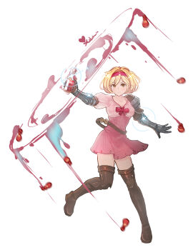 Rule 34 | 1girl, absurdres, armor, artist name, belt, blonde hair, boots, breasts, brown belt, brown boots, brown eyes, closed mouth, commentary, djeeta (granblue fantasy), dress, gauntlets, granblue fantasy, hairband, highres, holding potion, looking at viewer, pauldrons, pink dress, pink hairband, short dress, short hair, shoulder armor, simple background, single pauldron, small breasts, solo, thigh boots, valenthania, white background