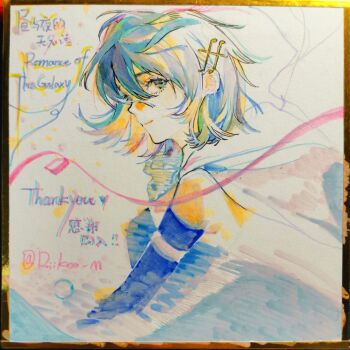 1girl absurdres armlet artist_name bare_shoulders blue_eyes blue_hair blue_shirt blue_sleeves cape chinese_commentary closed_mouth collared_cape commentary_request detached_sleeves eyelashes floating_cape fortissimo hair_between_eyes hair_ornament hairclip happy highres jewelry magical_girl mahou_shoujo_madoka_magica mahou_shoujo_madoka_magica_(anime) miki_sayaka musical_note musical_note_hair_ornament pointy_nose riko-m shirt short_hair smile solo strapless strapless_shirt streamers thank_you traditional_media upper_body white_background white_cape