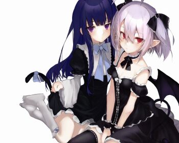 2girls ahoge arms_between_legs bare_shoulders black_bow black_bowtie black_choker black_dress black_thighhighs blue_bow blue_bowtie blue_hair blunt_bangs blush bow bowtie breasts cat_tail center_frills character_request choker closed_mouth commentary copyright_request cowboy_shot crossover demon_girl demon_tail demon_wings detached_sleeves dizzy_(nadecola9) dress dress_bow english_commentary expressionless frederica_bernkastel frilled_choker frilled_dress frilled_sleeves frilled_socks frills frown full_body grey_hair hair_between_eyes hair_bow hair_ornament hairclip highres holding_own_dress juliet_sleeves kneehighs long_hair long_sleeves looking_at_viewer medium_hair multiple_girls no_shoes parallel_hairclips pointy_ears puffy_short_sleeves puffy_sleeves purple_eyes red_eyes short_dress short_sleeves sidelocks simple_background sitting sleeveless sleeveless_dress small_breasts socks tail tail_bow tail_ornament thighhighs toes two_side_up umineko_no_naku_koro_ni v_arms white_background white_bow white_socks wide_sleeves wings yokozuwari zettai_ryouiki