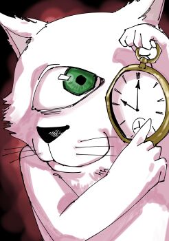 absurdres akutami_gege_(avatar) akutami_gege_(style) alice's_adventures_in_wonderland animal_focus cat cyclops green_eyes highres meme one-eyed pocket_watch shounen_jump solo vroom622226 watch whiskers white_fur white_rabbit_(alice_in_wonderland) white_rabbit_pointing_at_a_clock_(meme)