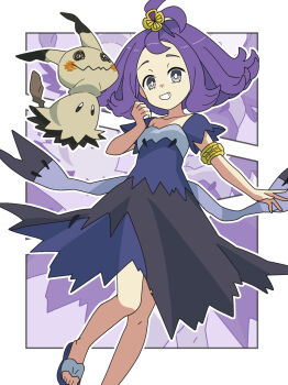 1girl acerola_(pokemon) armlet dress flipped_hair gen_7_pokemon grey_eyes hair_ornament highres jewelry kanbei_(pixiv11037490) looking_at_viewer mimikyu multicolored_dress nintendo open_mouth pokemon pokemon_(creature) pokemon_sm purple_eyes purple_hair sandals short_hair short_sleeves smile stitches teeth topknot torn_clothes torn_dress