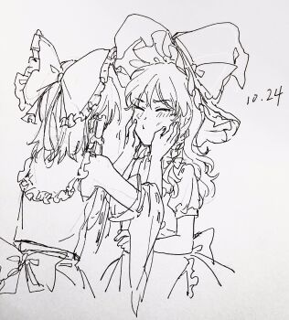 Rule 34 | 2girls, aihara-rina, apron, back bow, blush, bow, braid, cheek pinching, chinese commentary, closed eyes, commentary request, dated, detached sleeves, frilled bow, frilled hair tubes, frills, greyscale, hair bow, hair tubes, hakurei reimu, hat, hat bow, highres, kirisame marisa, long hair, monochrome, multiple girls, pinching, puffy short sleeves, puffy sleeves, ribbon-trimmed sleeves, ribbon trim, short sleeves, side braid, single braid, sketch, skirt, touhou, waist apron, witch hat