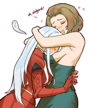 2girls armor armored_dress babykatafan bare_shoulders blush breast_pillow breast_smother breasts brown_hair closed_eyes closed_mouth commentary couple deep_skin dress edelgard_von_hresvelg embarrassed english_commentary english_text face_to_breasts fire_emblem fire_emblem:_three_houses from_side giving_up_the_ghost green_dress hair_down happy head_on_chest highres hug leaning_on_person long_hair manuela_casagranda medium_breasts mole mole_under_eye multiple_girls nintendo official_alternate_costume open_mouth parted_bangs red_dress shaded_face short_hair shy sideboob simple_background smile standing upper_body white_background white_hair yuri