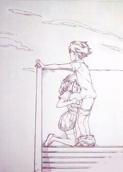 1boy 1girl age_difference bra bra_pull breasts clothes_pull commentary_request copyright_request corrupted_twitter_file full_body hetero highres kneeling large_breasts monochrome onee-shota paizuri panties panty_pull penis short_hair shorts shorts_pull shota skirt thighhighs traditional_media tsukareta_san twintails underwear zettai_ryouiki