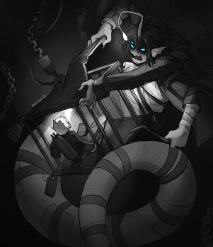 1boy 1other anglerfish_boy ascot blue_eyes br_not_here cage claws coat commentary diving_suit english_commentary extra_arms extra_eyes fangs fins head_fins highres illicium merman monster_boy multiple_boys oxygen_tank player_character_(roblox) pressure_(roblox) roblox sebastian_solace short_hair skin_fangs spot_color underwater