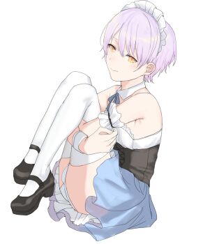 1boy armpit_crease ass bare_shoulders black_corset black_shoes blue_ribbon blue_skirt bulge closed_mouth collar commentary_request corset crossdressing crossdressing_(mtf) detached_collar dress from_side full_body hair_between_eyes highres holding_own_legs_back knees_to_chest looking_at_viewer maid maid_headdress male_focus neck_ribbon original panties partial_commentary purple_hair purple_hair_boy_(sunaba_(nczd5875)) ribbon shoes short_hair simple_background sitting skirt smile solo strapless strapless_dress sunaba_(nczd5875) thighhighs thighs trap underwear white_background white_collar white_dress white_headdress white_panties white_thighhighs yellow_eyes