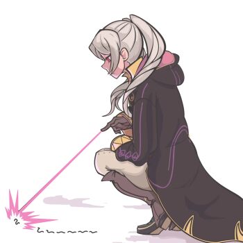 1girl davewaterfalls female_robin_(fire_emblem) fire_emblem fire_emblem_awakening gloves grima_(fire_emblem)_(female) highres kneeling magic nintendo possessed red_eyes robe simple_background solo twintails white_hair worm