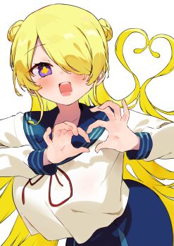 Rule 34 | 1girl, absurdres, blonde hair, blue sailor collar, blue skirt, blush, breasts, cmyk: sameda kazuou wa chuunibyou ga naosenai, commentary request, double bun, hair bun, hair over one eye, heart, heart-shaped hair, heart hands, highres, koba, large breasts, leaning forward, long hair, long sleeves, looking at viewer, neck ribbon, open mouth, purple eyes, red ribbon, ribbon, sailor collar, school uniform, serafuku, shirt, simple background, skirt, solo, tasogare kiiro, very long hair, white background, white shirt, yellow pupils