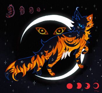 animal animal_focus black_background blue_eyes brown_eyes cat changing_skies colored_sclera commentary crescent fetus full_body heterochromia highres kitty_(fernwhisker) looking_at_viewer moon_phases moonpaw_(changing_skies) no_humans orange_sclera signature solo star_(sky) surreal tortoiseshell_cat warrior_cats