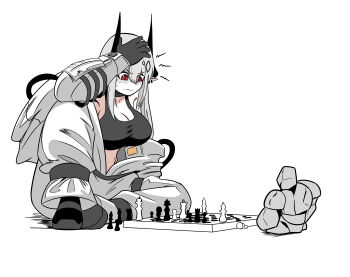 1girl absurdres arknights black_gloves black_horns board_game breasts chess choebal1356201 cleavage commentary_request crop_top gloves golem highres horns large_breasts long_hair mudrock_(arknights) mudrock_(elite_ii)_(arknights) mudrock_colossus_(arknights) off_shoulder playing_chess pointy_ears red_eyes sitting white_background white_hair