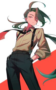 1girl ahoge androgynous black_gloves black_necktie black_pants bright_pupils closed_mouth collared_shirt earrings gloves green_hair hands_in_pockets highres jewelry long_hair looking_at_viewer meimu428 necktie nintendo pants pokemon pokemon_sv ponytail red_eyes rika_(pokemon) shirt simple_background solo standing suspenders triangle_earrings upper_body white_background white_pupils yellow_shirt