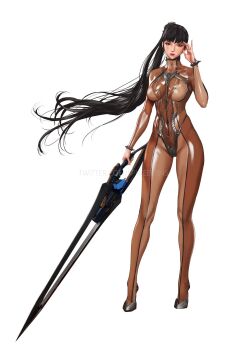 1girl black_hair blunt_bangs bodysuit breasts brown_bodysuit brown_eyes eve_(stellar_blade) female_focus full_body highres holding holding_sword holding_weapon impossible_bodysuit impossible_clothes large_breasts long_hair looking_at_viewer mechanical_spine ponytail simple_background skin_suit_(stellar_blade) skin_tight solo spykeee standing stellar_blade sword thighs twitter_username very_long_hair watermark weapon web_address white_background