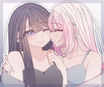2girls black_camisole black_hair border camisole closed_eyes closed_mouth commentary gradient_background grey_background grey_border grey_camisole hands_on_another's_shoulders highres hitozuma_kyoushi_ga_oshiego_no_joshikousei_ni_dohamari_suru_hanashi ichigohara_itsuki kousaka_0v0 long_hair multiple_girls one_eye_closed outline pink_hair purple_eyes togawa_rin upper_body white_outline yuri