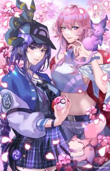 2girls alternate_costume animal_ears artist_name bare_shoulders baseball_cap belt black_necktie black_thighhighs blue_jacket blunt_bangs breasts cherry_blossoms collared_shirt commentary contemporary couple crop_top crossover electro_symbol_(genshin_impact) english_commentary espeon falling_petals forehead_jewel fox_ears fox_girl gen_2_pokemon genshin_impact glowing glowing_petals hair_between_eyes hat head_tilt highres holding holding_poke_ball jacket long_hair long_sleeves looking_at_viewer looking_to_the_side mitsudomoe_(shape) mole mole_under_mouth multiple_girls necktie nintendo outdoors pants parted_lips penguflying petals pink_background pink_hair pink_lips pink_petals poke_ball pokemon pokemon_(creature) purple_eyes purple_hair purple_skirt raiden_shogun shade shirt sideboob skirt sleeveless smile stomach thighhighs tomoe_(symbol) umbreon yae_miko yae_miko_(fox) yuri