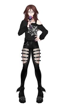 absurdres black_boots black_shirt boots brown_eyes brown_hair choker dante_will dante_will_(person) glasses highres holding holding_microphone indie_virtual_youtuber jewelry key key_necklace leather leather_pants limmushi microphone necklace ohwasuy pants shirt spider_web_print spiked_boots winged_boots