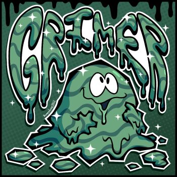 alternate_color artist_name black_border blob border bumpadump2002 character_name commentary dripping english_commentary full_body gen_1_pokemon grimer nintendo no_humans open_mouth outline pokemon pokemon_(creature) pokemon_focus shiny_pokemon smile solo sparkle toon_(style) white_outline