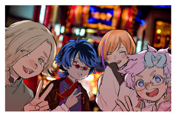 4boys ano_amesuke black_nails blonde_hair blue_eyes blue_hair blurry blurry_background braid chinese_clothes commentary_request earrings glasses green_eyes jewelry male_focus multicolored_eyes multicolored_hair multiple_boys orange_hair original pink_eyes pink_hair purple_hair red-tinted_eyewear red_eyes side_braid sleeves_past_fingers sleeves_past_wrists star_(symbol) star_earrings streaked_hair sunglasses tinted_eyewear two-tone_eyes two-tone_hair v v-shaped_eyebrows