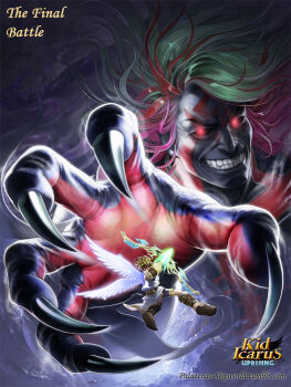 2boys angel angel_wings black_sclera bow brown_hair colored_sclera colored_skin epic evil_grin evil_smile fangs fingernails glowing glowing_eyes green_hair grin hades_(kid_icarus) highres kid_icarus kid_icarus_uprising laurel_wreath long_fingernails looking_at_another multicolored_hair multiple_boys nintendo pit_(kid_icarus) purple_hair purple_skin reaching red_eyes red_hair sandals short_hair smile tattoo tunic wings