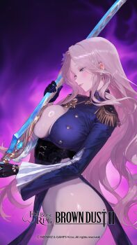 1girl ass black_gloves blonde_hair blue_eyes blue_jacket bodysuit breast_press breasts brown_dust_(series) brown_dust_2 copyright_notice cowboy_shot darian_silverstein earrings epaulettes flower from_side gloves hair_flower hair_ornament highres holding holding_sword holding_weapon jacket jewelry large_breasts logo long_hair long_sleeves military_jacket military_uniform official_art official_wallpaper parted_bangs parted_lips pelvic_curtain profile purple_background revealing_clothes sidelocks solo standing sword very_long_hair weapon white_bodysuit