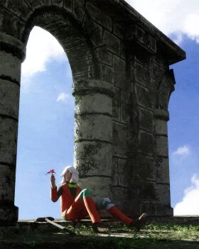 1boy arch az_(pokemon) black_shirt blue_sky bow bowtie cloud flower green_bow green_bowtie hair_over_one_eye highres holding holding_flower knee_brace long_hair long_sleeves male_focus nintendo old old_man orange_pants orange_vest outdoors pants pokemon pokemon_legends:_z-a rivalclay shirt sitting sky solo tall_male vest