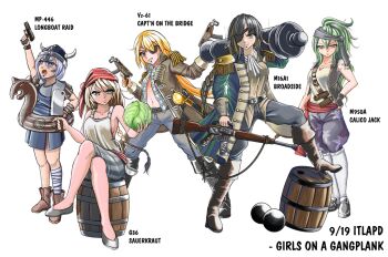 5girls assault_rifle bandana butcher_knife cabbage cabbit cannonball character_name double-stack_magazine english_text eyepatch folding_stock g36_(girls&#039;_frontline) girls&#039;_frontline gun helical_magazine high-capacity_magazine international_talk_like_a_pirate_day m16 m16a1 m16a1_(girls&#039;_frontline) m950a_(girls&#039;_frontline) machine_pistol mp-446_(girls&#039;_frontline) mp-446_viking multiple_girls personal_defense_weapon pirate pirate_costume pistol_stabilizing_brace rifle skorpion_(girls&#039;_frontline) skorpion_vz._61 stock_(firearm) submachine_gun viking weapon wtfman