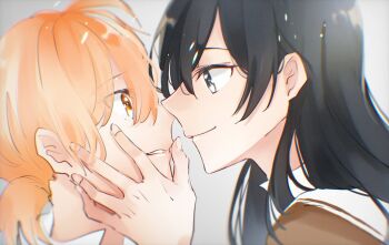 2girls black_eyes black_hair brown_eyes chromatic_aberration closed_mouth eye_contact hair_between_eyes hand_on_another's_cheek hand_on_another's_face highres koito_yuu looking_at_another multiple_girls nanami_touko orange_hair parted_lips portrait school_uniform tasuku2218 tohmi_higashi_high_school_uniform yagate_kimi_ni_naru yuri
