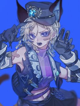 1girl amanda_gaddis amanda_gaddis_(feast_on_this_shore) animal_ears bandaid bandaid_on_arm bandaid_on_face black_nails black_shorts blonde_hair blue_eyes blue_theme blurry_edges braid bright_pupils cat_girl claw_pose claws colored_extremities colored_tips commentary_request crop_top cropped_vest crossed_bandaids fangs fingernails fox_ears gradient_hair highres identity_v multicolored_hair navel official_alternate_costume open_mouth reki510 sharp_fingernails shorts side_braid solo sparkling_eyes turtleneck upper_body vest white_pupils