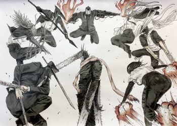 3girls 5boys apron arrow_(projectile) ass attack black_gloves black_neckwear black_pants black_suit bomb breasts business_suit chainsaw chainsaw_devil chainsaw_man crossbow_devil_(chainsaw_man) demon_boy demon_girl denji_(chainsaw_man) erupusai2 explosion explosive fighting fire flamethrower flamethrower_devil_(chainsaw_man) formal_clothes gloves highres hood hoodie hybrid jumping katana katana_man_(chainsaw_man) long_sword longsword_devil_(chainsaw_man) medium_breasts multiple_boys multiple_girls necktie office_lady pants polearm quanxi_(chainsaw_man) reze_(chainsaw_man) serious shirt shirt_tucked_in sleeves_rolled_up spear spear_devil_(chainsaw_man) sugo_miri suit sword transformation weapon whip_devil_(chainsaw_man) white_shirt