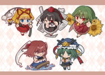 Rule 34 | 5girls, argyle background, ascot, black hair, black shirt, black skirt, blonde hair, blue eyes, blue hat, blue vest, boat, bow, bowtie, bunbunmaru, camera, chibi, chibi only, epaulettes, flower, green eyes, green hair, hair bobbles, hair ornament, hair ribbon, hat, highres, holding, holding camera, holding flower, iwakoo, kazami yuuka, lily of the valley, looking at viewer, medicine melancholy, mob cap, multiple girls, newspaper, onozuka komachi, open mouth, plaid clothes, plaid skirt, plaid vest, puffy short sleeves, puffy sleeves, red bow, red bowtie, red eyes, red hair, red hat, red ribbon, red skirt, ribbon, rod of remorse, scythe, shameimaru aya, shiki eiki, shirt, short sleeves, skirt, standing, standing on one leg, su-san, sunflower, taking picture, tokin hat, touhou, two side up, vest, watercraft, white flower, yellow ascot, yellow flower