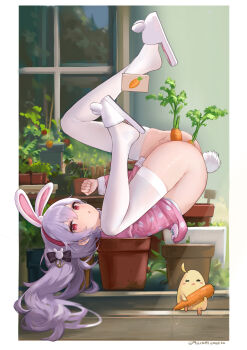 1girl absurdres alternate_costume anal anal_object_insertion animal_ears ass azur_lane between_legs black_bow blush bottomless bow carrot clenched_hand double_penetration fake_animal_ears feet female_masturbation fingering food food_insertion from_side full_body hair_bow hair_ornament hairband hand_between_legs hand_up heart heart-shaped_pupils highres knee_up laffey_(azur_lane) laffey_(sleep_to_clean_another_day)_(azur_lane) legs legs_up long_hair looking_at_viewer lying masturbation messy_hair no_panties object_insertion on_back on_shoulder open_mouth pajamas pajamas_lift pink_eyes pink_hairband pink_pajamas plant polka_dot polka_dot_pajamas purple_hair pussy_juice pussy_juice_stain pussy_juice_trail rabbit_ears rabbit_hair_ornament rabbit_tail red_eyes sawkm skindentation slippers solo symbol-shaped_pupils tail thighhighs thighs top-down_bottom-up twintails upside-down vaginal vaginal_object_insertion very_long_hair white_thighhighs