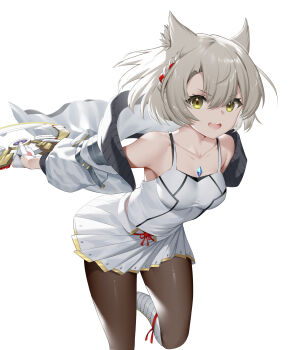 1girl absurdres animal_ear_fluff animal_ears bare_shoulders black_pantyhose bob_cut boots braid breasts camisole cat_girl chakram chest_jewel cleavage collarbone fang gloves grey_hair highres holding holding_weapon jacket knee_boots leaning_forward leg_up long_sleeves looking_at_viewer medium_breasts miniskirt mio_(xenoblade) off_shoulder open_clothes open_jacket open_mouth pantyhose pleated_skirt roi_(liu_tian) running short_hair simple_background skirt solo v-shaped_eyebrows weapon white_background white_boots white_gloves white_jacket white_skirt xenoblade_chronicles_(series) xenoblade_chronicles_3 yellow_eyes