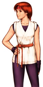 Rule 34 | 1girl, arm at side, braid, brown eyes, brown hair, capcom vs. snk, dougi, fingerless gloves, game cg, gloves, hand on own hip, headband, highres, martial arts belt, mori toshiaki, non-web source, official art, red headband, ryuuko no ken, simple background, sleeveless, smile, solo, spandex, the king of fighters, white background, yuri sakazaki