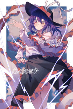 1girl black_hat black_skirt bow capelet chinese_commentary commentary_request commission frilled_capelet frilled_ribbon frills hat hat_bow hat_ribbon highres looking_at_viewer minuo nagae_iku pointing purple_hair red_bow red_eyes red_ribbon ribbon sample_watermark short_hair skirt smile solo top_hat touhou watermark white_capelet white_ribbon