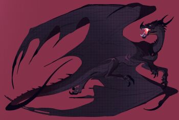 black_scales black_wings chest_jewel dragon dragon_horns from_side full_body gem halftone highres horns monster monster_focus multiple_horns night_heart no_humans original red_background red_gem scar simple_background sketch solo spines tail talons very_long_tail western_dragon white_eyes wings wings_of_fire