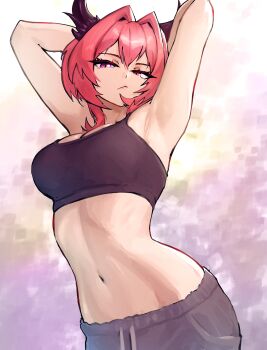 1girl absurdres arknights arknights:_endfield armpits arms_behind_head arms_up bare_shoulders breasts cleavage commentary crop_top english_commentary hair_intakes highres horns laevatain_(arknights) large_breasts looking_at_viewer midriff navel presenting_armpit purple_eyes red_hair short_hair solo sports_bra stomach surtr_(arknights) upper_body yodogama