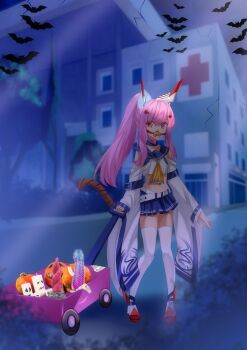 1girl abandoned_building abandoned_hospital absurdres akemithekitten animal_ears ayanami_(azur_lane) ayanami_(azur_lane)_(cosplay) ball_gag cat_ears cat_girl cat_tail cosplay female_focus full_body gag halloween halloween_costume halloween_party highres huge_filesize loli long_hair nekomata outdoors pumpkin_gag sex_toy standing tail wagon