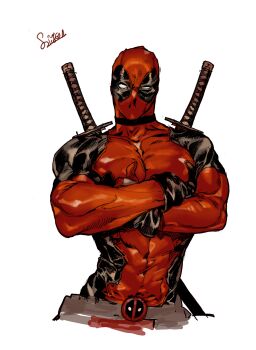 1boy belt black_choker black_gloves bodysuit brown_belt choker commentary covered_abs covered_collarbone covered_pectorals cropped_legs crossed_arms deadpool deadpool_(series) english_commentary gloves highres impossible_clothes looking_at_viewer male_focus marvel muscular muscular_male no_pupils pectorals pigeon666 signature solo superhero_costume sword sword_on_back uneven_eyes weapon weapon_on_back white_eyes