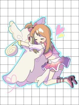 Rule 34 | 1girl, absurdres, audino, bow, bracelet, closed eyes, dress, gen 5 pokemon, grid background, hair bow, heart, highres, jewelry, knees, may (contest) (pokemon), may (pokemon), midriff, nintendo, open mouth, overskirt, pink bow, pink shoes, pink skirt, pokemon, pokemon (creature), pokemon oras, saltmusubi 12, shoes, shorts, shorts under skirt, skirt, yellow shorts