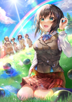 5girls absurdres aoi_erika black_hair blonde_hair blue_eyes bow bowtie bracelet brown_hair byakko_(heaven_burns_red) cloud cloudy_sky commentary_request eyepatch flower_bracelet grey_hair heaven_burns_red highres higuchi_seika hiiragi_kozue jewelry minase_ichigo minase_sumomo multiple_girls narby_(heaven_burns_red) on_grass puddle purple_hair rainbow sitting skirt sky socks wariza yam_(yamap_mako)