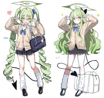 2girls absurdly_long_hair absurdres alternate_costume alternate_hairstyle black_shoes black_skirt blue_archive blue_bow blush bow brown_cardigan cardigan closed_mouth collared_shirt commentary_request demon_girl demon_tail double_v drill_hair green_hair green_halo gyaru hair_between_eyes halo highres hikari_(blue_archive) leg_warmers long_hair looking_at_viewer multiple_girls nozomi_(blue_archive) open_mouth pleated_skirt pointy_ears sak_(lemondisk) shirt shoes skirt tail twin_drills v very_long_hair white_leg_warmers white_shirt yellow_eyes