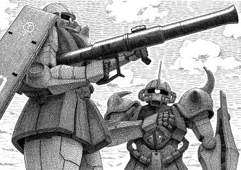 1970s_(style) 1980s_(style) absurdres bazooka_(gundam) cable cloud gouf gundam highres machinery mecha mecha_focus mobile_suit mobile_suit_gundam monochrome no_humans oldschool one-eyed radio_antenna retro_artstyle robot roundel scan shield shoulder_spikes spikes traditional_media upper_body user_rmxe7445 zaku zaku_ii zeon