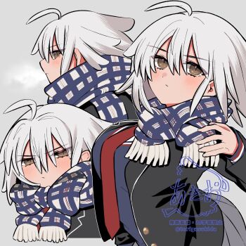 1girl ahoge akio_(akio1124) artist_name blazer brown_eyes expressionless fate/grand_order fate_(series) fringe_trim from_side frown grey_skirt hand_up highres id_(fate/grand_order) jacket jeanne_d&#039;arc_alter_(fate) lapels light_blush looking_at_viewer multiple_views necktie notched_lapels plaid_clothes plaid_scarf pleated_skirt pseudo-tokyo_school_uniform red_necktie scarf school_uniform short_hair sideways_glance skirt squinting upper_body white_hair