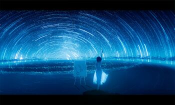 1girl arm_up beach blue_theme canvas_(object) chooco_(chocoshi) commentary_request dress easel facing_away from_behind holding holding_paintbrush letterboxed light_particles ocean original outdoors paintbrush painting_(object) scenery see-through_silhouette short_hair sky solo standing star_(sky) star_(symbol) star_trail starry_sky sundress
