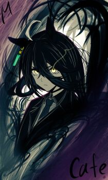 Rule 34 | 1girl, ahoge, black coat, black hair, black necktie, character name, chemical structure, closed mouth, coat, collared shirt, commentary request, ear ornament, ear tag, earrings, eye trail, frown, hair between eyes, jewelry, light trail, long hair, long hair between eyes, manhattan cafe (creeping shadow) (umamusume), manhattan cafe (umamusume), multicolored hair, necktie, shirt, single earring, solo, umamusume, user rmus7348, very long hair, white hair, white shirt, yellow eyes