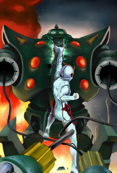 android battle bodysuit casshern casshern_(series) fire gun helmet male_focus retro_artstyle robot robot_hunter_casshern takemaru08 weapon white_bodysuit