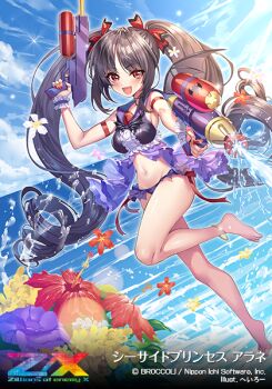 Rule 34 | 1girl, arane (z/x), arm strap, bikini, black hair, copyright logo, copyright name, copyright notice, drill hair, flower, hair ribbon, heirou, hibiscus, holding, holding water gun, logo, long hair, navel, ocean, official art, open mouth, outdoors, purple bikini, red eyes, red ribbon, ribbon, solo, sparkle, splashing, standing, standing on one leg, swimsuit, translation request, twin drills, water gun, z/x