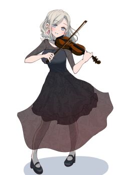 1girl black_dress black_shoes blush bow_(music) breasts ceras_yanagida_lilienfeld cleavage commentary_request dress full_body grey_hair grin hair_ribbon highres holding holding_bow_(music) holding_instrument holding_violin instrument large_breasts link!_like!_love_live! long_hair looking_at_viewer love_live! mary_janes medium_dress pantyhose parted_bangs pink_ribbon ribbon see-through_cleavage see-through_clothes see-through_skirt_layer shadow shoes short_sleeves simple_background smile solo violin virtual_youtuber wavy_hair white_background white_pantyhose yunite68