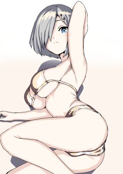 1girl 30-06 bikini blue_eyes bob_cut breasts commentary_request feet_out_of_frame grey_hair hair_ornament hairclip hamakaze_(kancolle) highres kantai_collection large_breasts looking_at_viewer lying on_side short_hair solo swimsuit underboob white_bikini